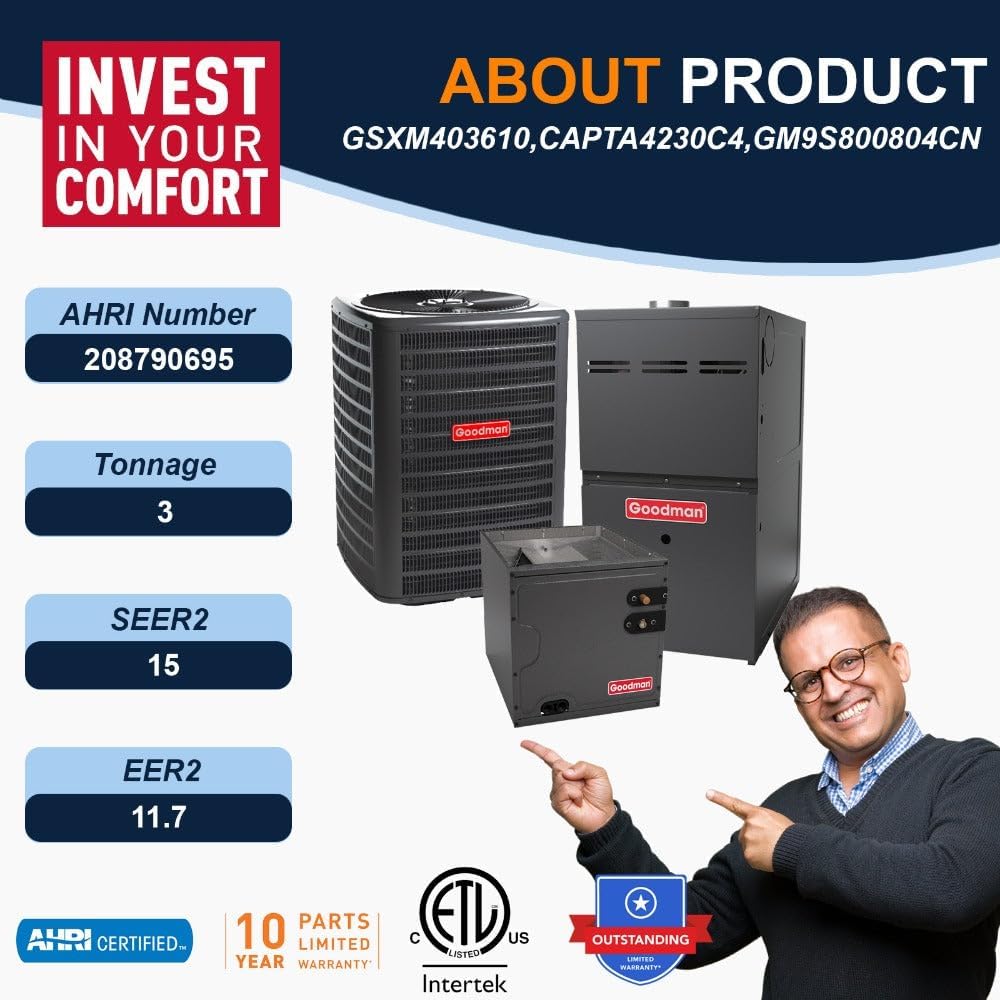 Goodman 3 Ton 15.0 SEER2 Single Stage Air Conditioner GSXM403610 and 80,000 BTU 80% AFUE Multi-Speed Gas Furnace GM9S800804CN Upflow System with CAPTA4230C4