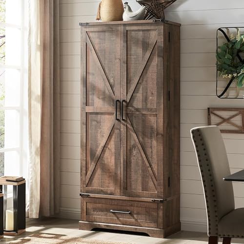 72" Farmhouse Kitchen Pantry Cabinet with Drawer, Tall Storage Cabinet with 2 Barn Doors and Shelves, Versatile Large Rustic Cupboard for Dining Room, Bathroom, Living Room, Laudry, White