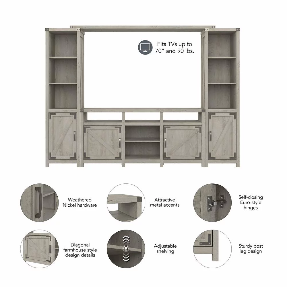 Bush Furniture 65W Farmhouse Entertainment Center with Shelves Cottage White