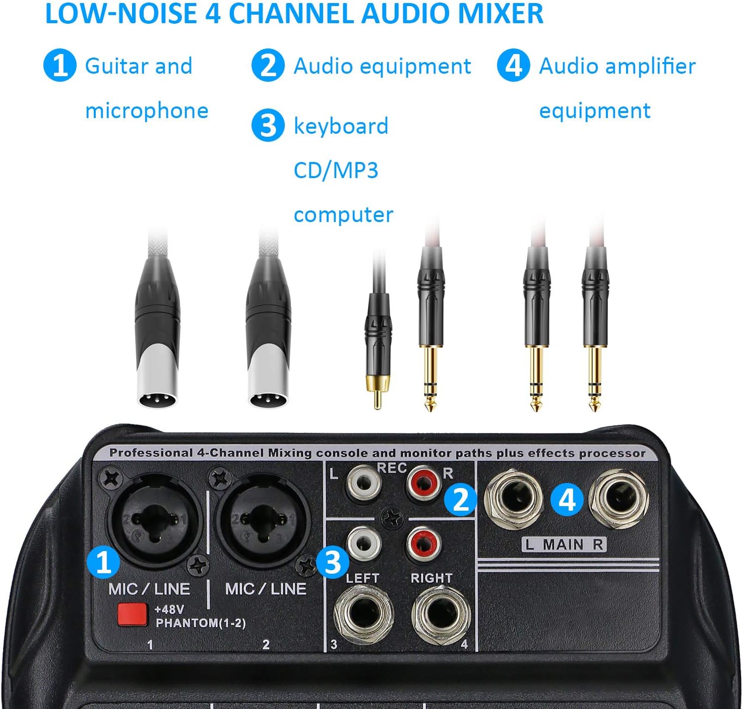 Ultra Low-Noise 4 Channels Audio Mixer - Sound Mixing Console Line Mixer with Sound Card and Built-in 48V Phantom Power for Home Music Production, Webcast, K Song and Other Needs by YOUSHARES Pack of 2