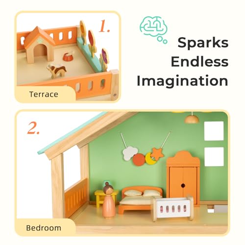 OOOK Large Wooden Dollhouse with 42 Pcs Luxurious Furniture Accessories, 3-Story Doll House 6 Rooms Balcony Wooden Stairs, Ideal Modern Dollhouse for Toddlers 3-5