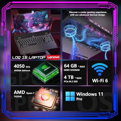 Lenovo LOQ 15 15ARP9 RTX 4050 Pro Gaming Laptop, 15.6 FHD 144Hz IPS Display, AMD Ryzen 7 7435HS, NVIDIA GeForce RTX 4050, 32GB DDR5, 1TB SSD, Backlit Keyboard, Wi-Fi 6, Bundle with PCO Laptop Cooler