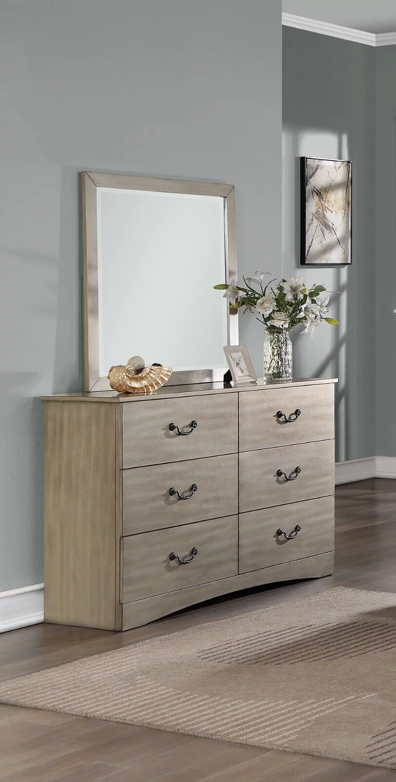 6pc Bedroom Set Classic Chic Cal King Size Bed w underbed Drawer Dresser Mirror Nightstands Chest Light Tan Finish Hue Furniture