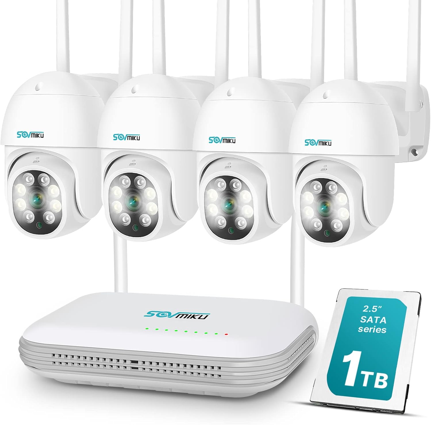 【Porch Light, Pan Tilt 360° View】 3MP Security Cameras WiFi Outdoor,Two Way Audio,Sovmiku Color Night Vision Home Security Cameras System, Motion Detect, 8Ch Expandable NVR 1TB HDD, 4Pc 3MP PTZ Camera
