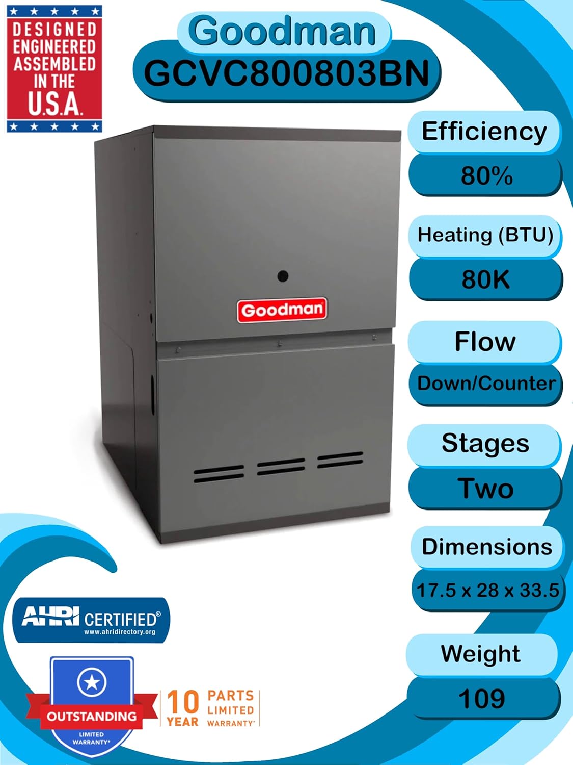 Goodman 2.5 TON 14.3 SEER2 AC Unit (GSXN403010) with 80% AFUE 80k BTU Two-Stage Gas Heater (GCVC800803BN) and Downflow Evaporator (CAPFA4226B6)