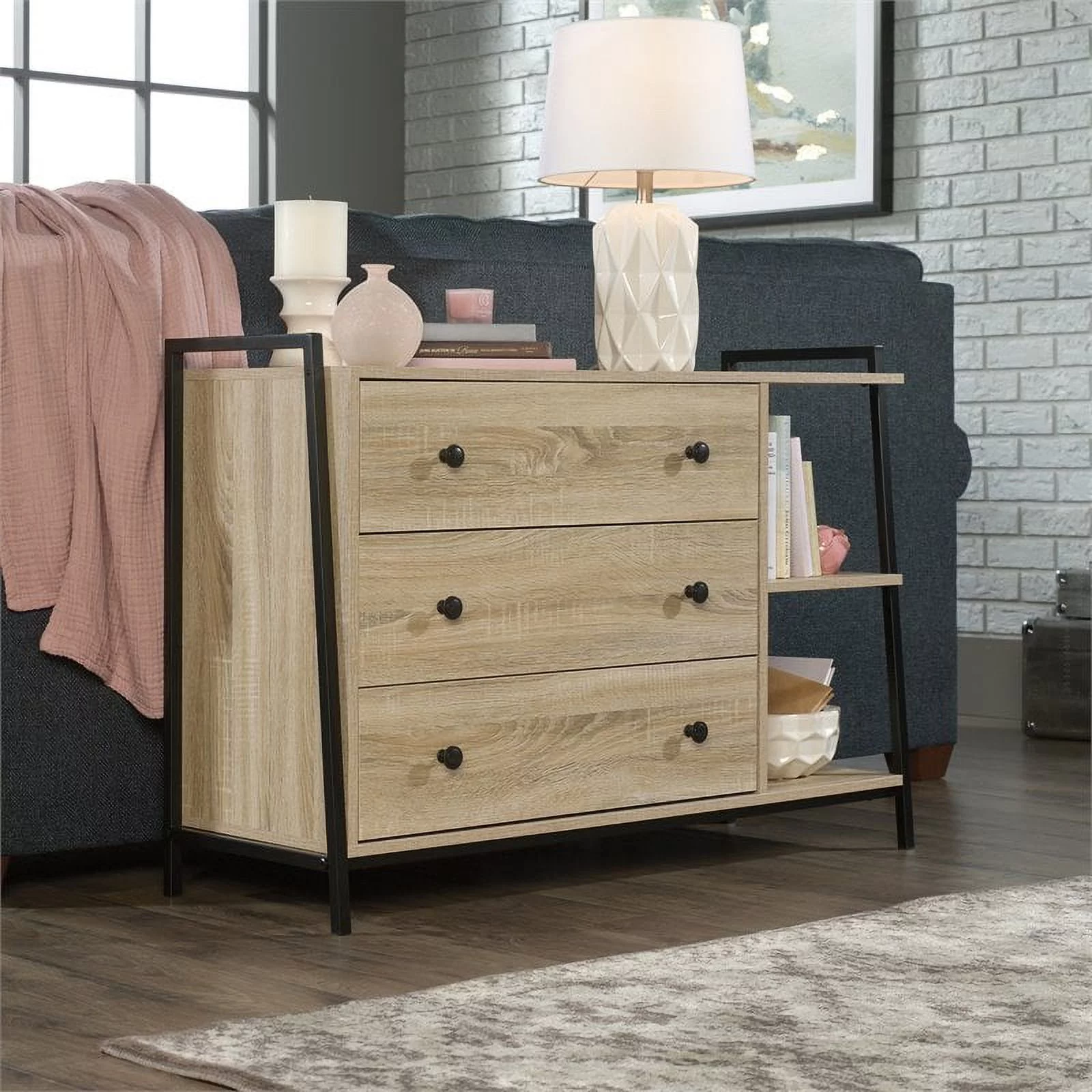 Sauder North Avenue 3-Drawer Engineered Wood and Metal Dresser in Charter Oak