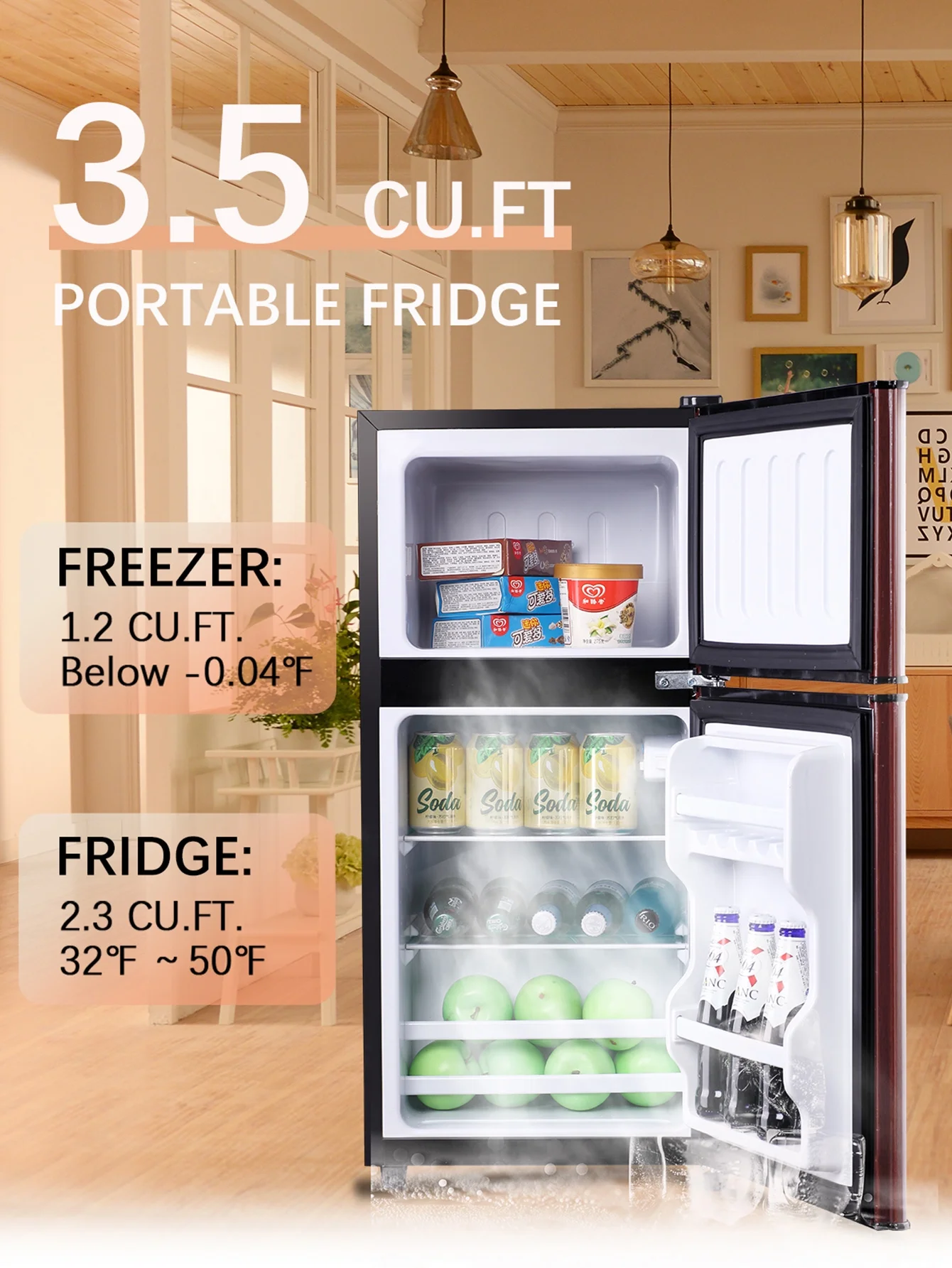 KRIB BLING 3.5 Cu.ft Mini Fridge with 7 Level Thermostat, Compact Refrigerator with Freezer on Top, Ideal for Dorm, Office, Brownwood