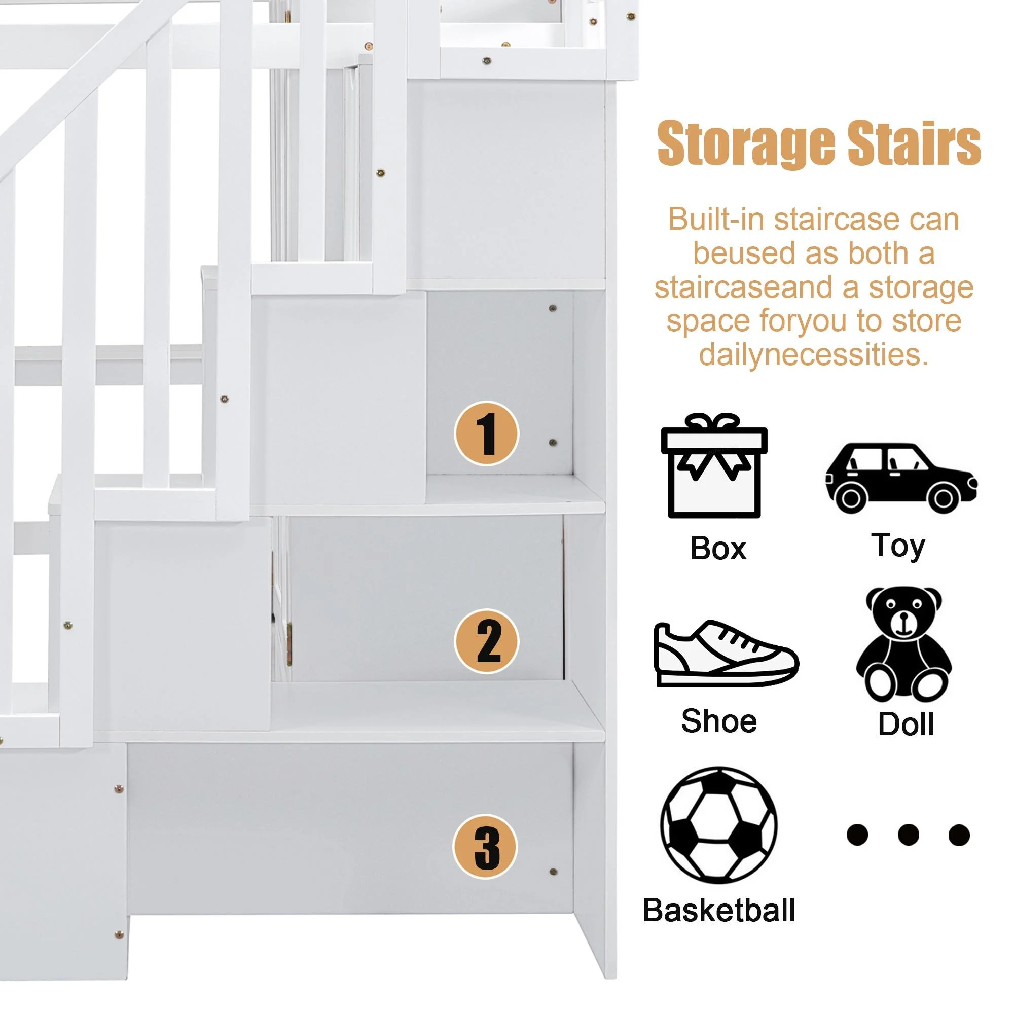 Bellemave Twin Size Loft Bed with Stairs and Wardrobe, Wood Loft Beds Frame with Desk and Storage Drawers, Stairway Loft Bed for Kids, Teens & Adults（White）