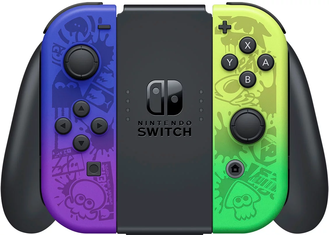 2022 Nintendo Switch OLED Splatoon 3 Limited Edition with Splatoon 3 Game, Blue & Yellow Gradient Joy-Con 64GB Console, LAN-Port Graffiti-themed Dock, Mytrix Bamboo Wireless Pro Controller & Accessory