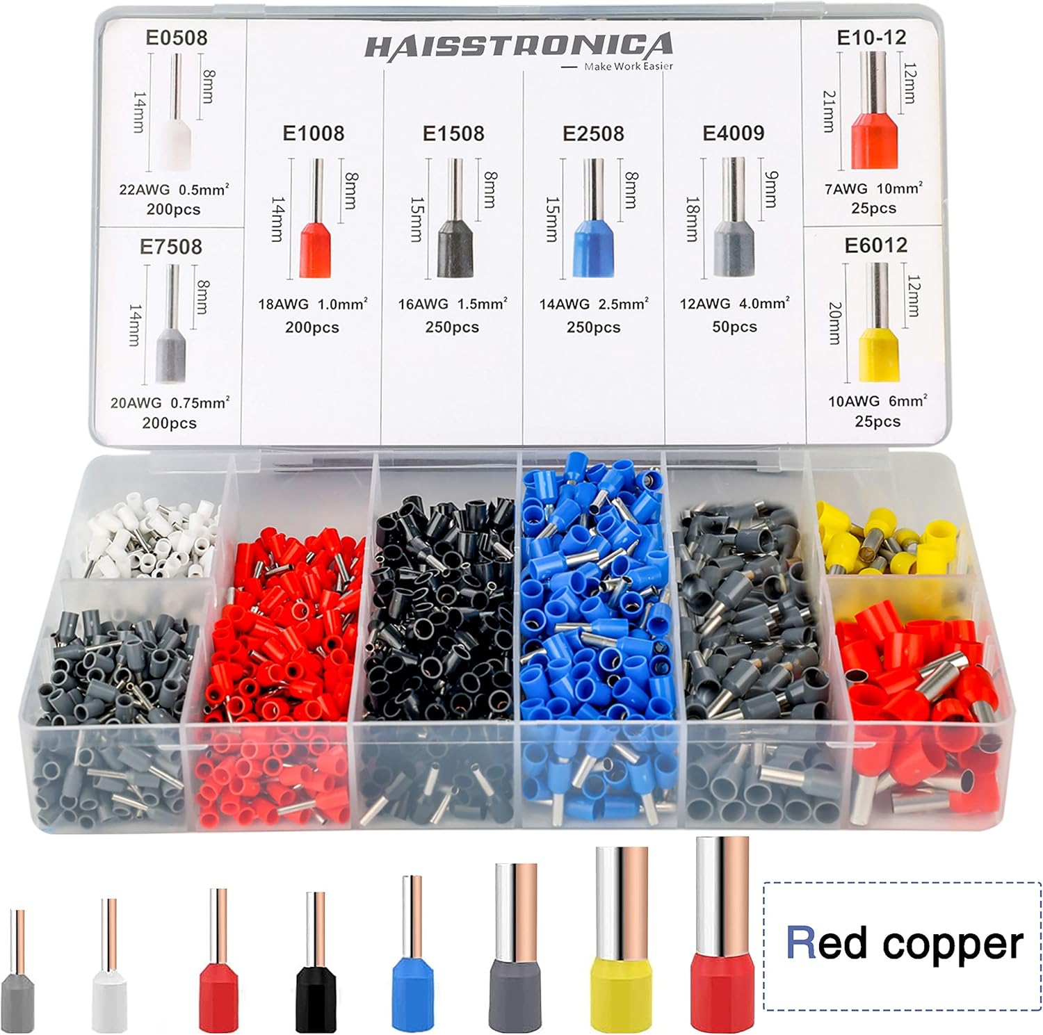 Ferrule Crimping Tool Kit,Haisstronica Self-Adjusting Hexagonal Wire Crimper Plier for AWG 23-10 with 1200PCS Red Copper Wire End Terminals,Ratchet Wire Crimping Tool-Wire End Ferrules