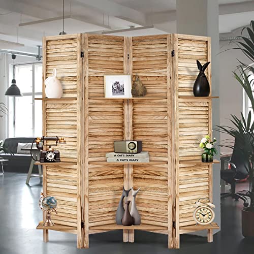 Room Divider with Shelves, Privacy Screen, Room Dividers and Folding Privacy Screens, 5 Panel Wood Temporary Wall Partition Separation Separator, Coconut