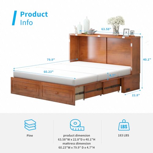 Mjkone Murphy Bed Cabinet, Queen Size Cabinets Bed Chest with USB Charging Station & Tri-Folding Mattress, Wall Beds with Storage Drawers for Guest Bedroom Apartment Office, Easily Convertible, White