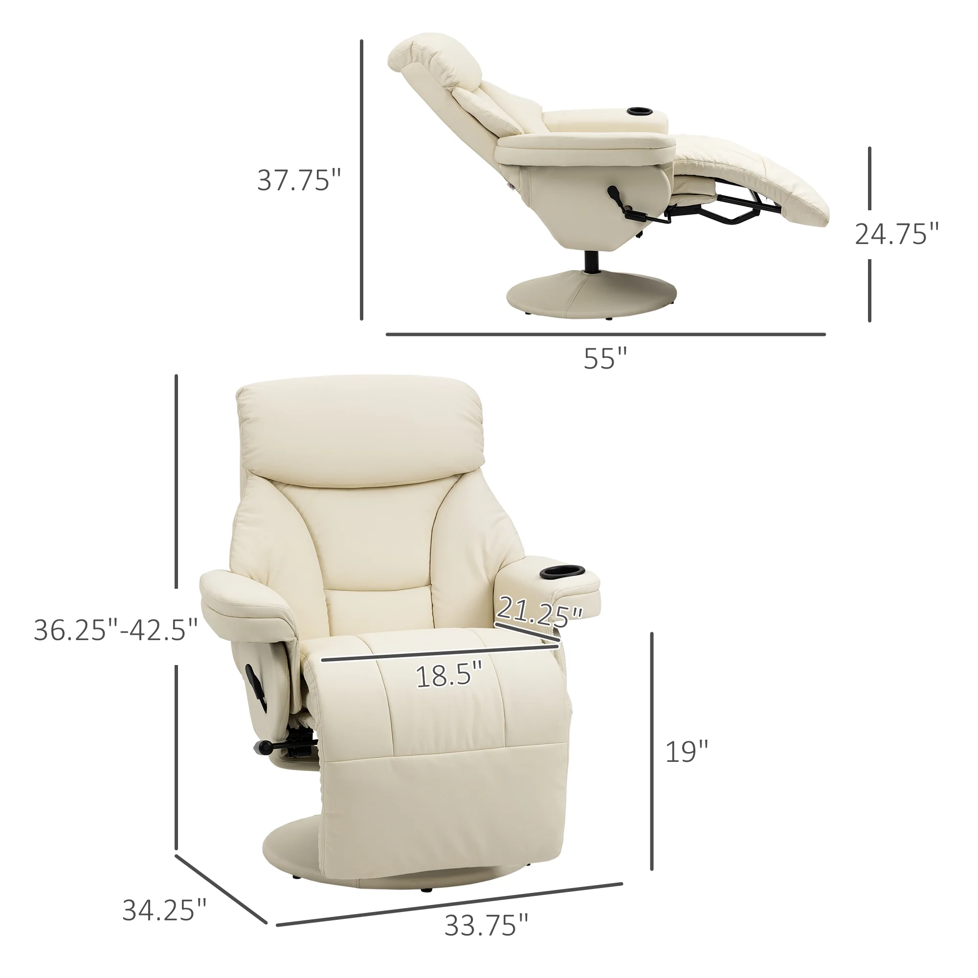 HOMCOM Manual Recliner, Swivel Lounge Armchair with Side Pocket, Footrest and Cup Holder for Living Room, Cream White