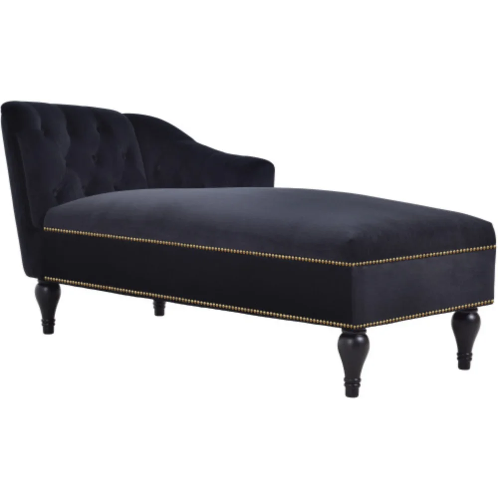 8" Velvet Chaise Lounge,Button Tufted Right Arm Facing Lounge Chair with Nailhead Trim & Solid Wood Legs for Living Room or Office, Sleeper Lounge Sofa (Black)