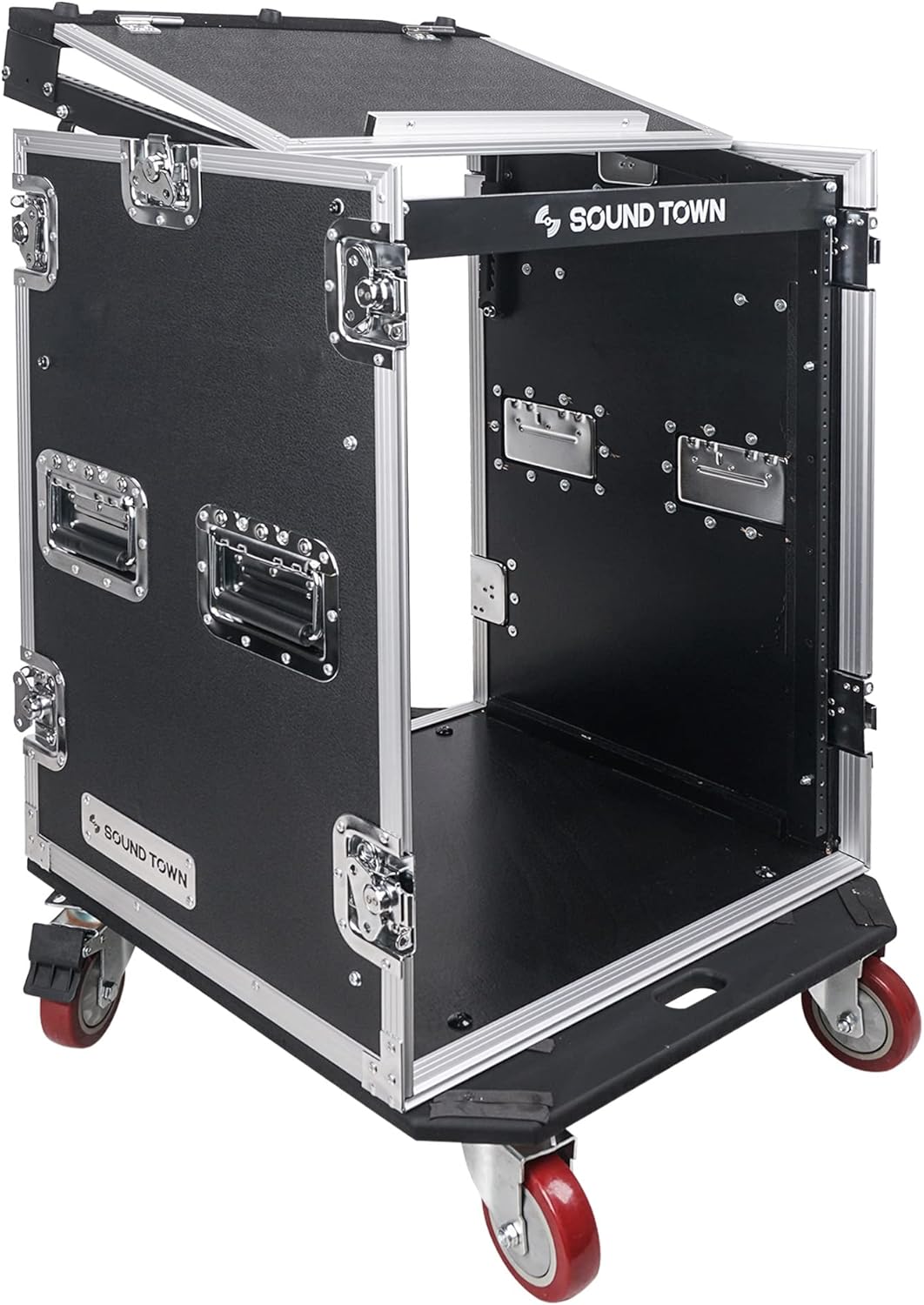 Sound Town 8U PA DJ Pro Audio Rack/Road ATA Case with 13U Slant Mixer Top, 23.5’’ Rackable Depth and Casters, 8 Space Size, Pro Tour Grade (STMR-8UW)