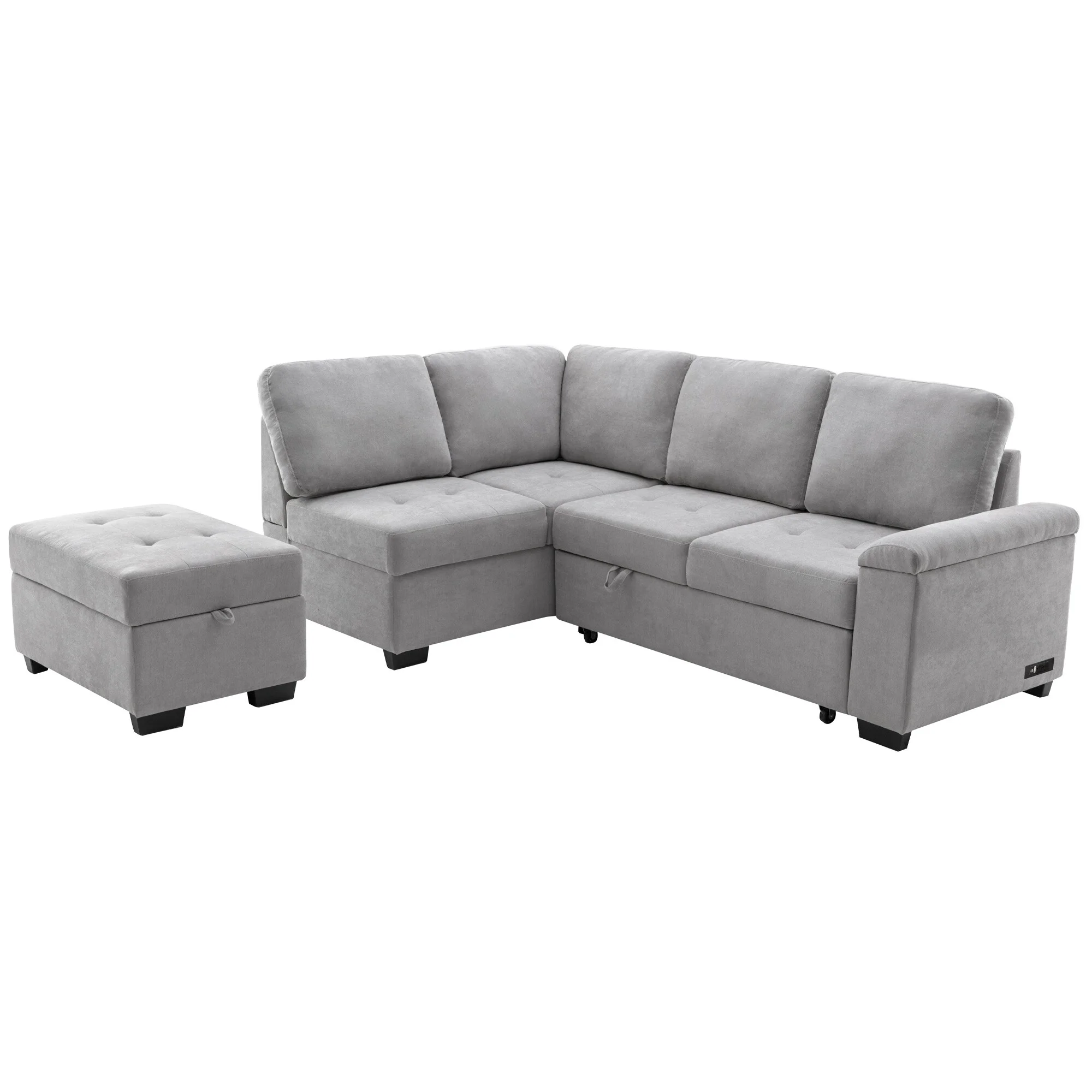 L-Shape Sleeper Sectional Sofa with Storage Ottoman & Hidden Arm Storage, Corner Couch Sofa with USB Charge for Living Room