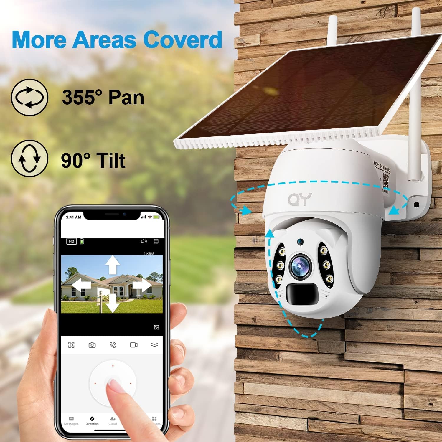 Solar Powered Security Camera, Rechargeable Battery Powered,3 MP Wireless Pan & Tilt 360° View with Motion Detection,2-Way Audio,HD Color Night Vision with Spotlight,IP67 Waterproof,Cloud/SD Storage