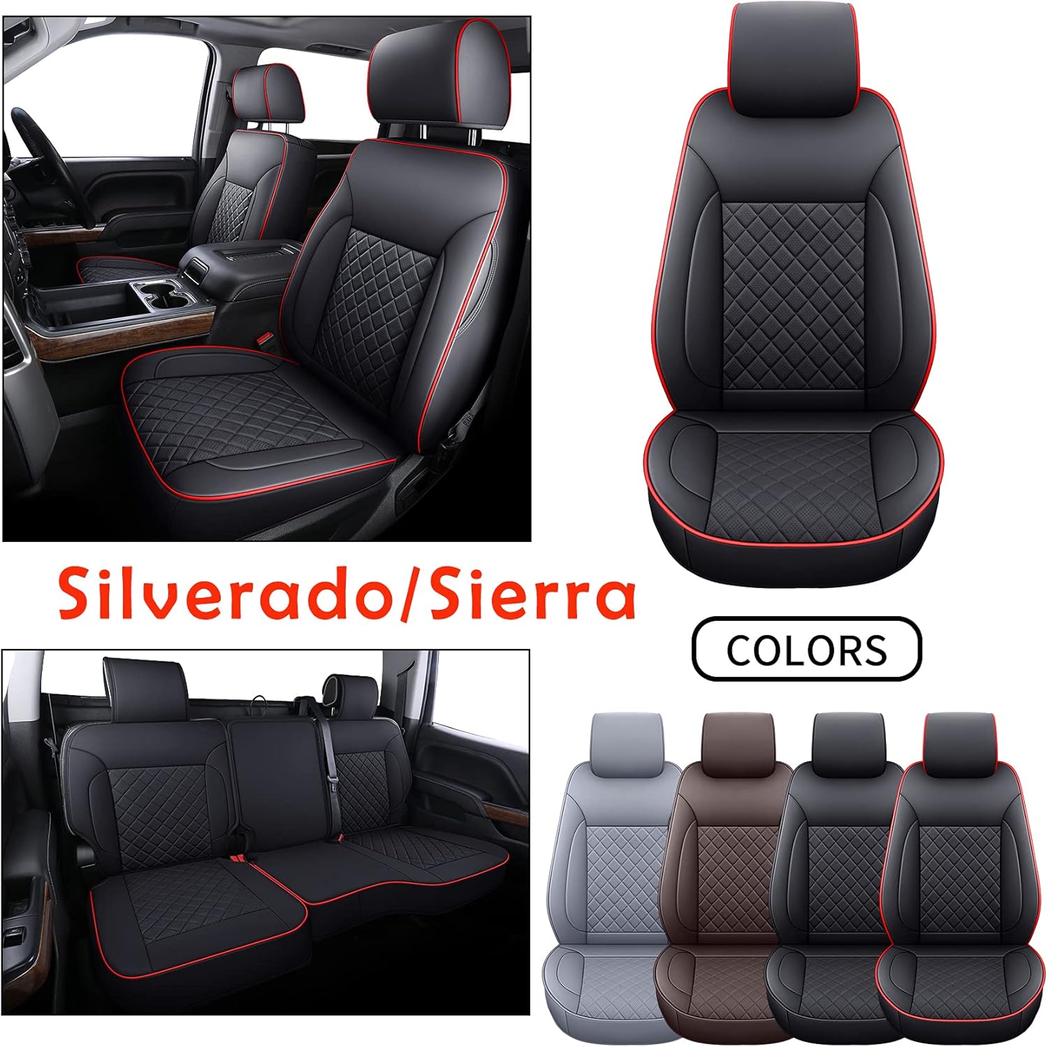 LUCKYMAN CLUB Chevy Silverado/Sierra P01-S1 Seat Covers Full Set, Fit 2014-2018 1500/2500 HD/3500 HD Crew Cab with Water Proof Faux Leather (Full Set, Brown)