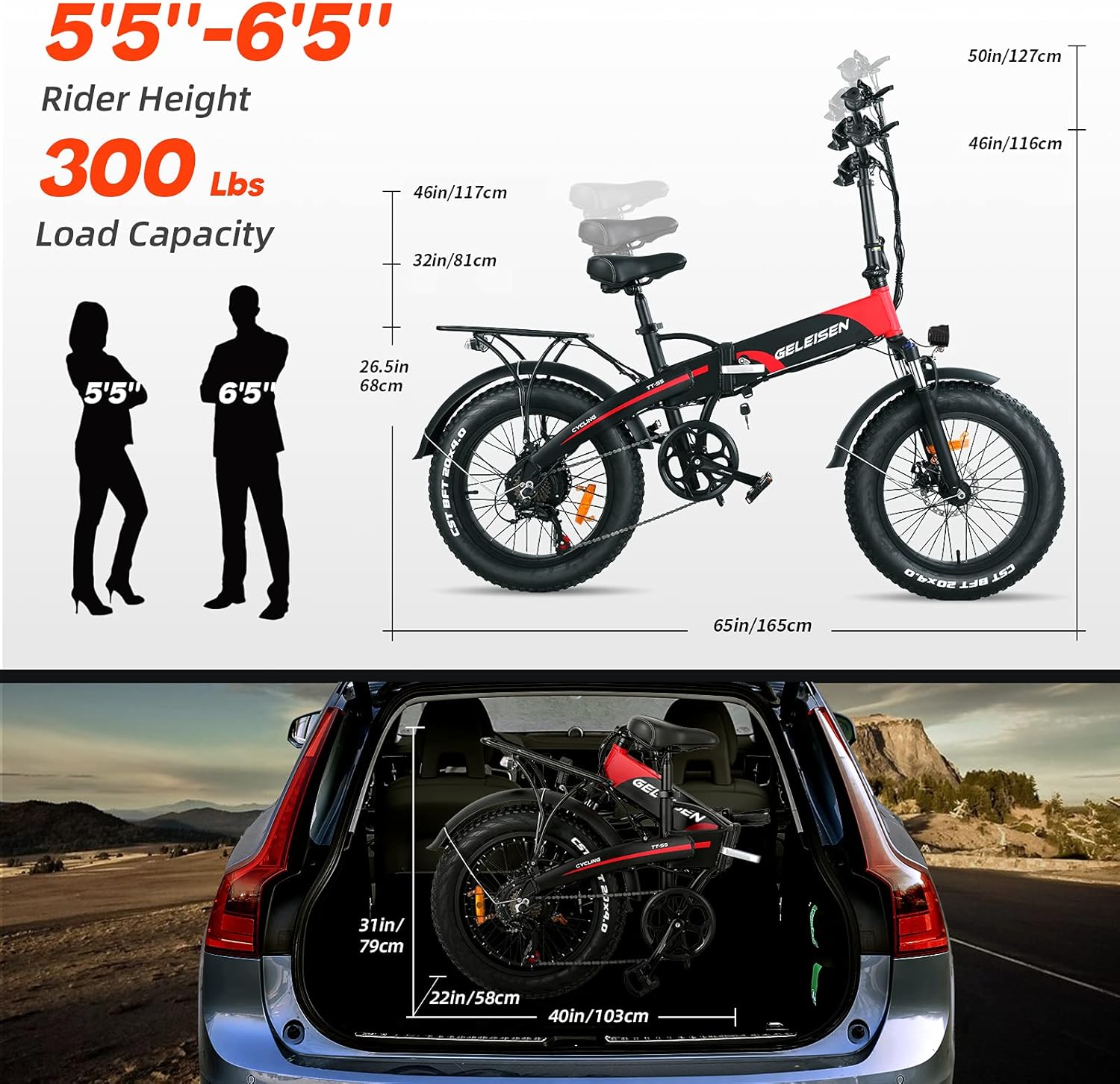 GELEISEN Adult Electric Bicycles TT-S5, 20" 4.0 500W Fat Tire Electric Bike with 48V 14Ah Removable Battery, Foldable Ebikes for Adults with Shimano 7-Speed & Suspension Fork