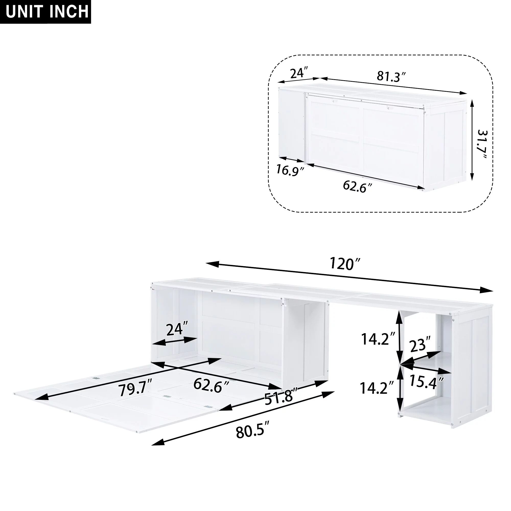 Queen Size Murphy Bed with Rotable Desk & 2 Storage Shelves, Space-Saving Design Solid Pine Wood Floor Bed Frame White - Queen