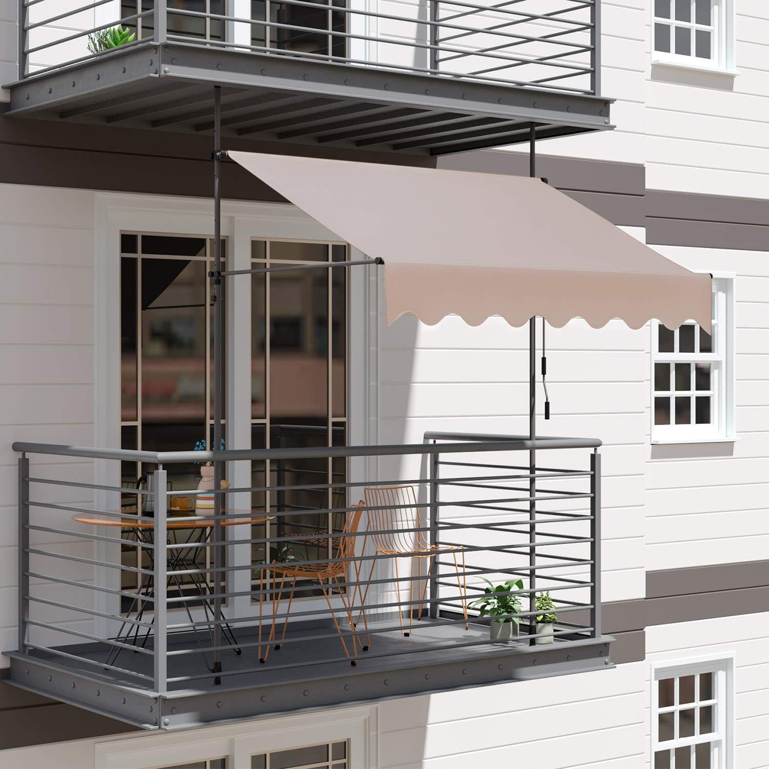 118"×47" Patio Awning, Retractable Awning, Balcony Awning, UV & Water Resistant, Height Adjustable, with Hand Crank, Khaki