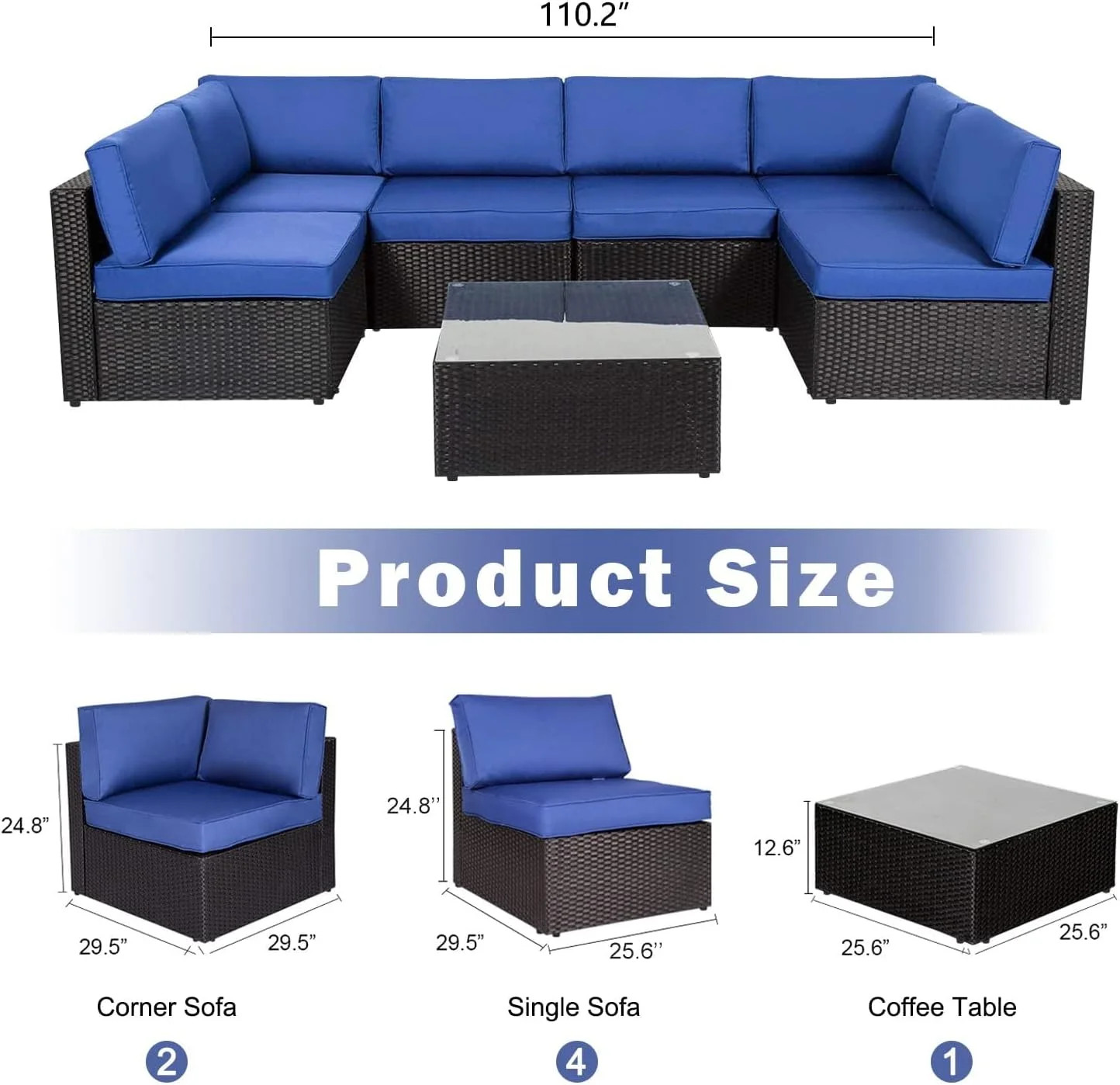 Kinbor 7pcs Outdoor Patio Furniture Pe Rattan Wicker Rattan Sofa Sectional Set with Dark Blue Cushions