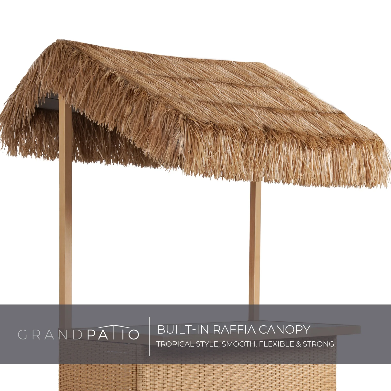 Grand Patio Outdoor Tropical Paradise Tiki Bars, Phuket 3 Piece All Weather Resin Wicker Steel Islander Tiki Bar and 2 Stools with Ceramic Top & Storage for Garden Hawaiian Luau Party, Natural