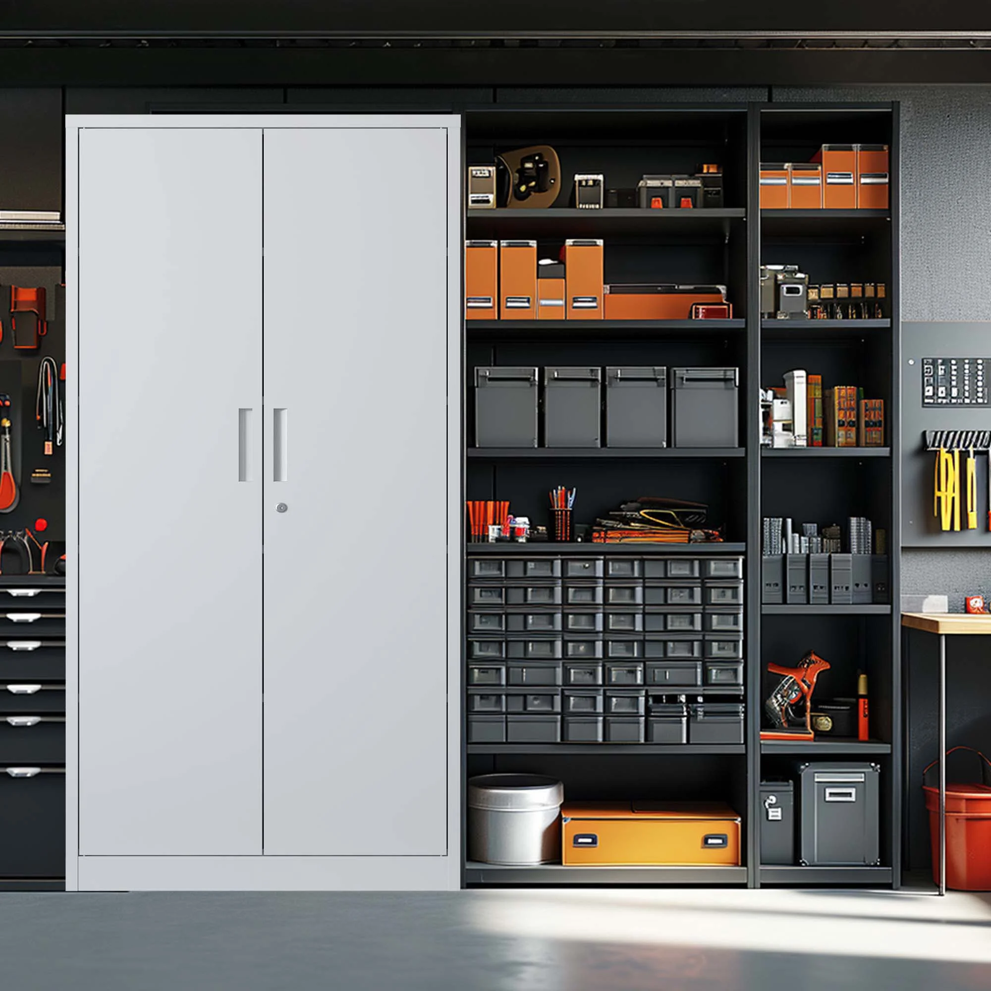 71"H Metal Garage Storage Cabinet, Black Tool Steel Locking Cabinet with Doors and 4 Shelves, Tall Cabinets for Garage Storage Systems Lockable File Cabinet for Home Office, Classroom/Pantry
