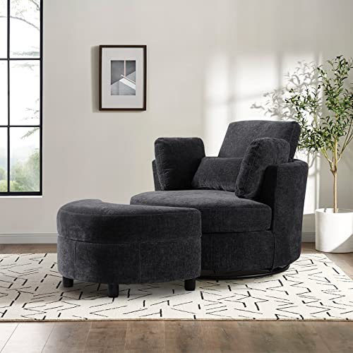 Chair and A Half with Ottoman, 360° Swivel Accent Barrel Chair Modern Comfy Round Reading Sofa Swivel Chairs Circle Lounge Chair for Bedroom Living Room w/4 Pillow Lower Seating Heigh (White, Large)