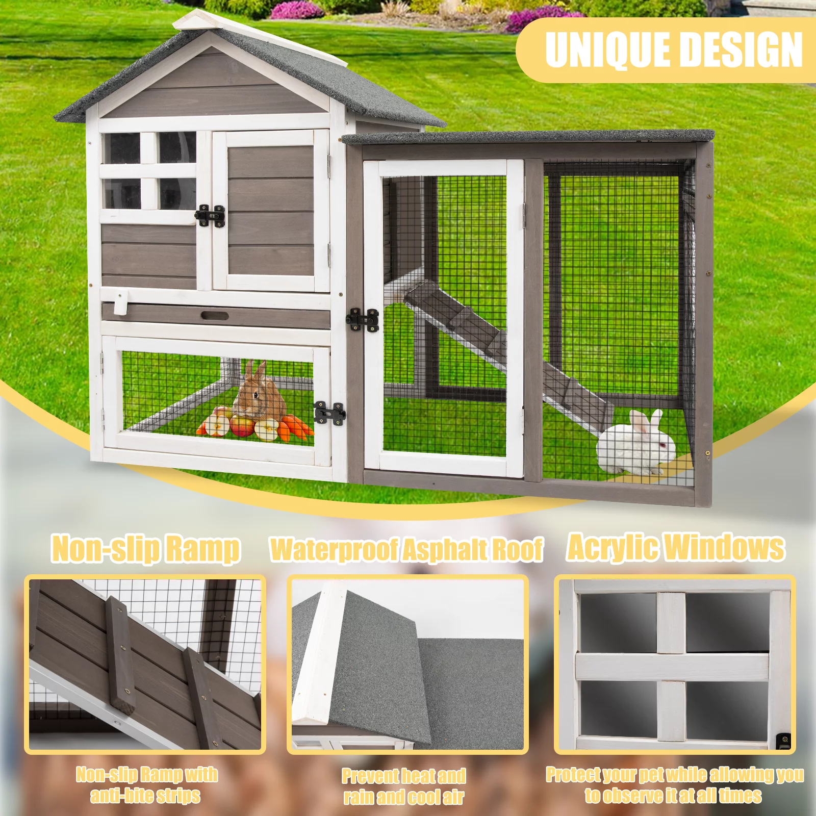 PetsCosset 46.3" Rabbit Hutch Indoor-Outdoor Rabbit Cages with Pull Out Tray Large FirWood Bunny Hutch Waterproof Asphalt Roof,Grey