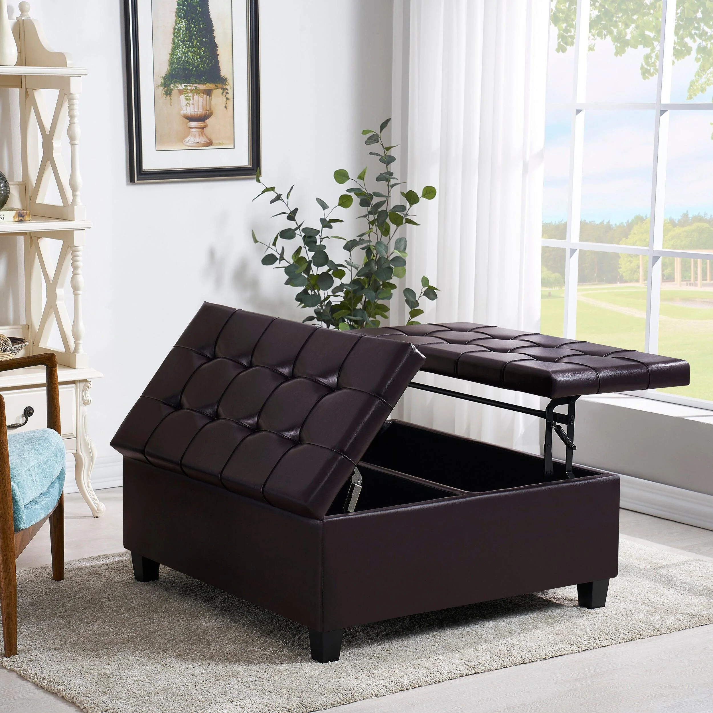 Supfirm Large Square Faux Leather Storage Ottoman | Coffee table for Living Room  Bedroom (Dark Brown)