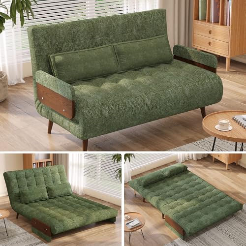 3-in-1 Convertible Chair Bed Sleeper for Adults, Linen Convertable Sleeper Chair with Wooden Arms & Pillows, Foldable Single Futon Sofa Bed (Mid Century with Walnut Arm, 36.6" Wide)