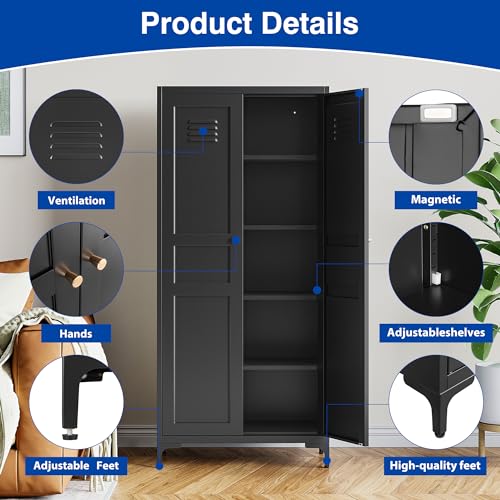 Kitchen Pantry Storage Cabinet with Adjustable Shelves Metal Cupboard Storage Cabinet with Adjustable Feet Pantry Cabinet for Kitchen, Living Room Dinning Room Bathroom. (Black, 61 inch)