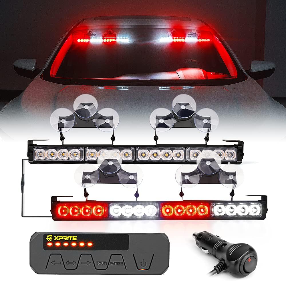 Xprite Emergency Traffic Advisor Strobe Dual Light Bar, White Amber LED Interior Windshield Visor Deck Safety Hazard Warning Caution Flashing Lightbars w/Control Box, for Construction Vehicles Trucks Pack of 2