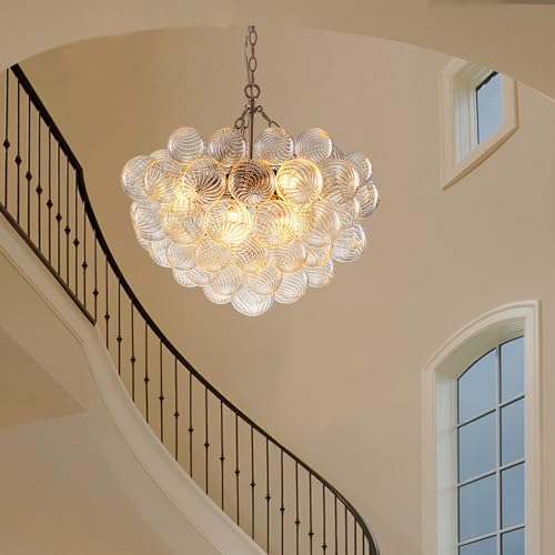 Longree Bubble Glass Globe Chandelier Swirled Ribbed Clear Blown Glass Ball Chandeliers Art Cluster Pendant Lights Dining Table Lighting Fixture for Living Room Bathroom Kitchen Entryway Foyer Bedroom