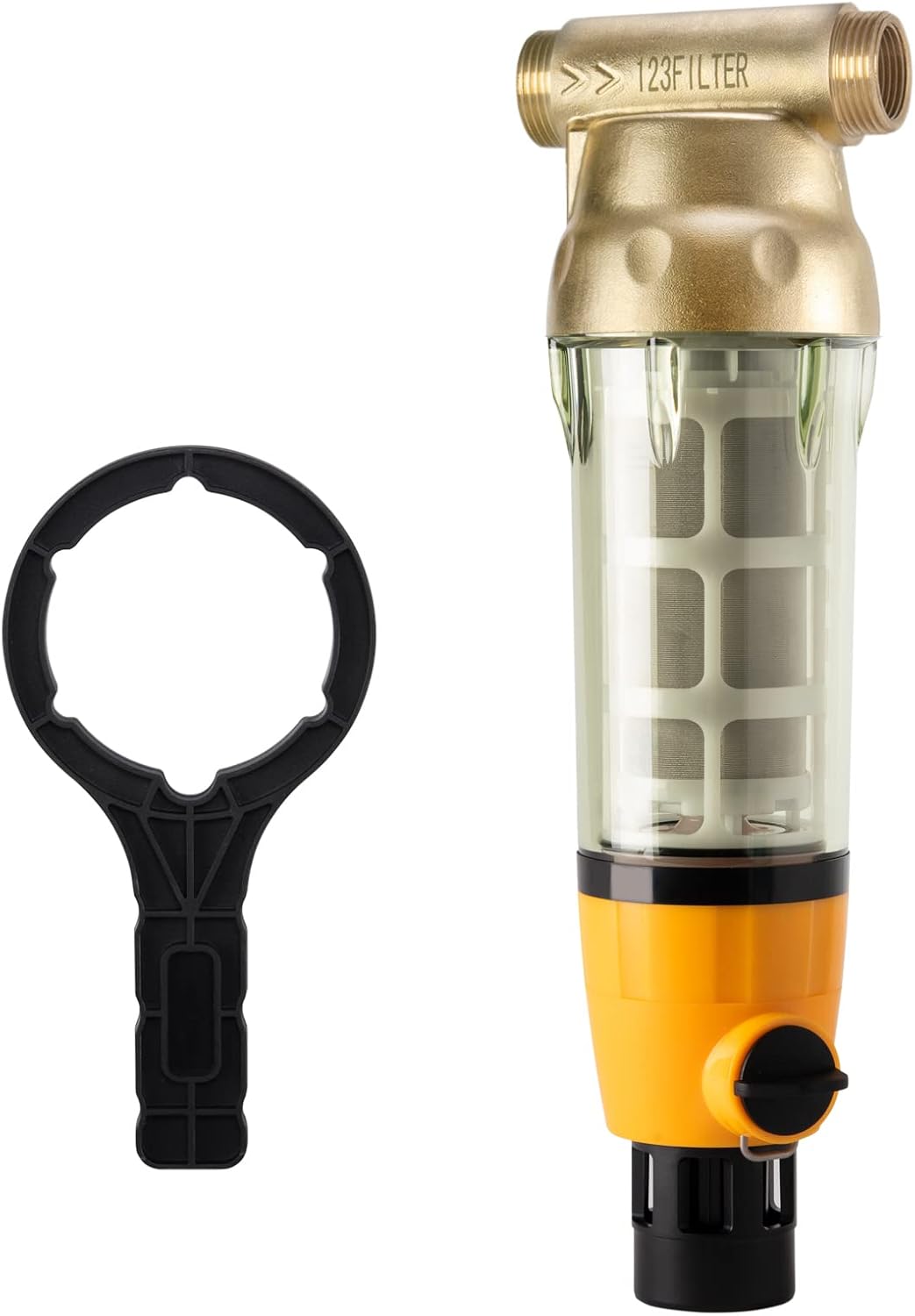 iSpring WSP100B Large Reusable Whole House Spin Down Sediment Water Filter with Built-in Housing Scraper and Brass Top Clear Housing, 100 Micron