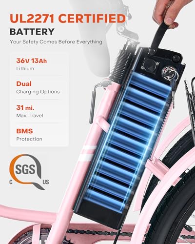 Viribus Electric Tricycle for Adults, Electric Trike 250W(Peak 500W) with 468Wh Removable Battery, Motorized Adult Tricycle, 3 Wheel Electric Bike for Seniors, E Trikes 330 lb. Rosy 24 in