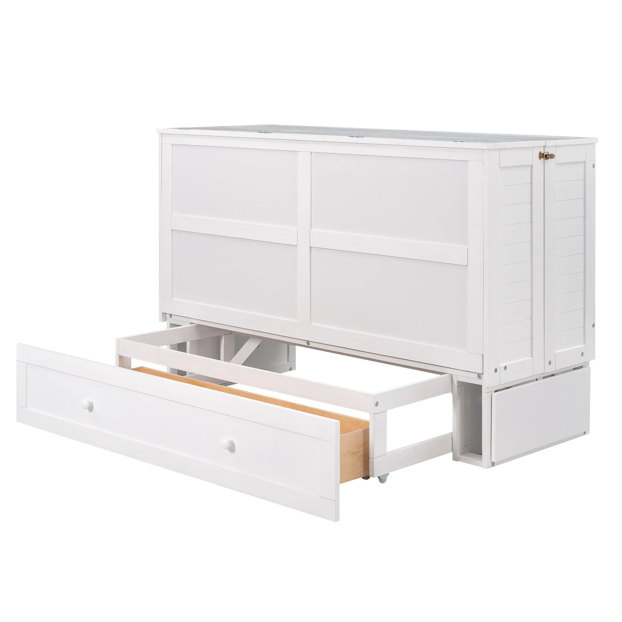 Bellemave Murphy Cube Cabinet Bed with Storage Drawer, Wood Queen Size Murphy Bed Cabinet with Side Little Shelves, Easy Fold Bed Frame for Guest Room, Home, Office (White)