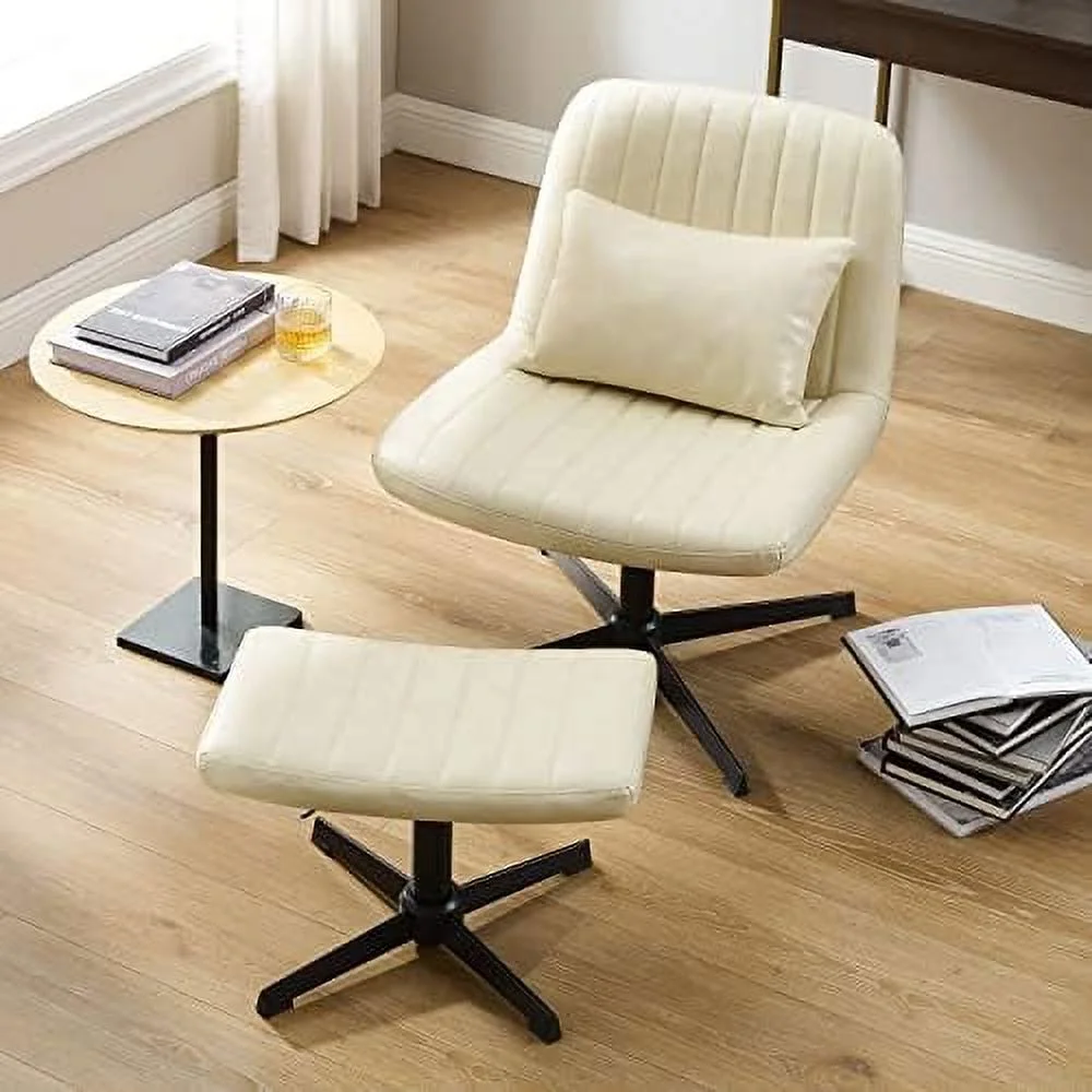 Desk Chair No Wheels  with Foot Rest Stool and Lumbar Pillow  Mid Century Modern Rocking Mid Back Ergonomic Office Chair  Swivel Accent Chair for Living Room Bedroom  Velvet Tufted  Off W