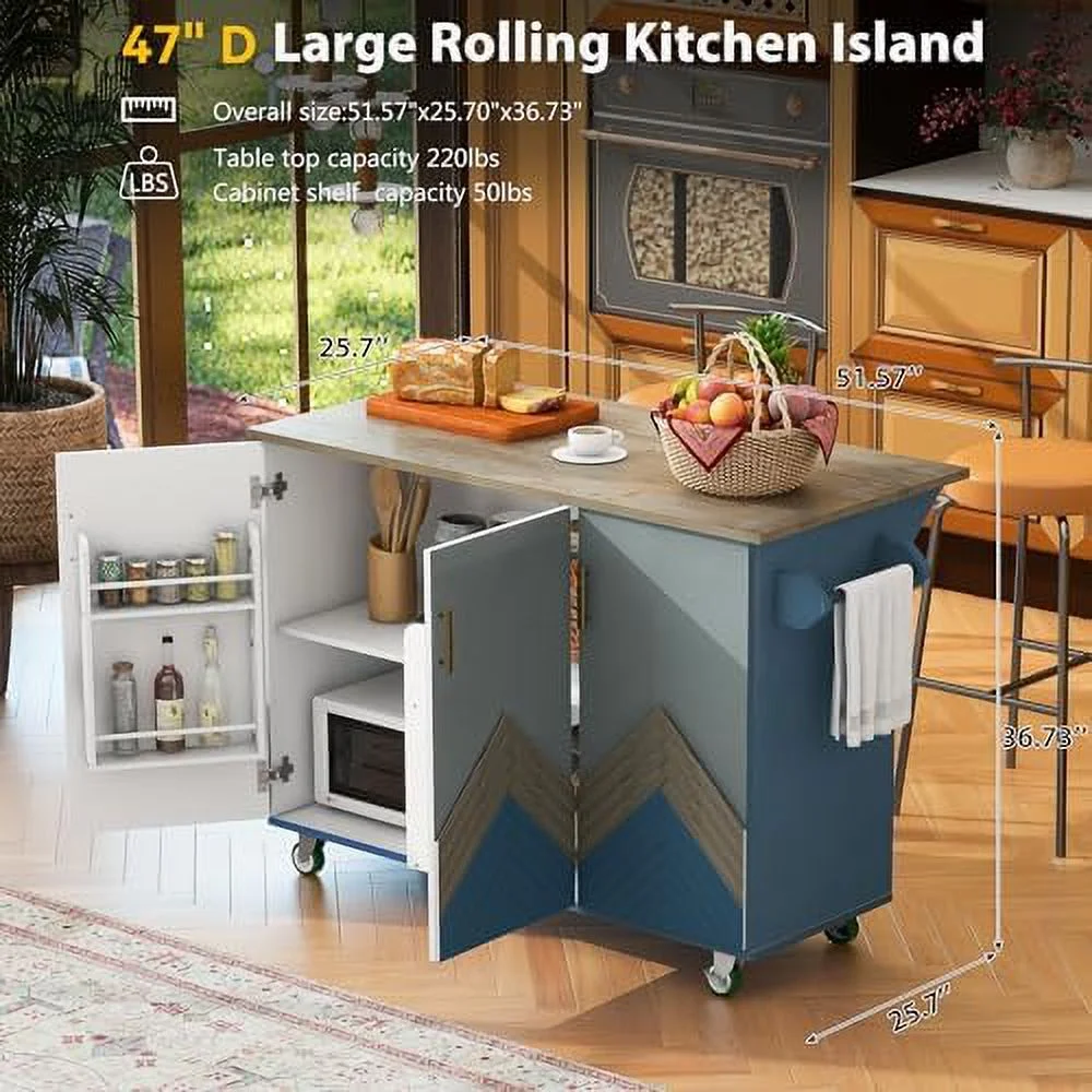 RUNFAYBIU Rolling Kitchen Island with Power Outlet Kitchen Island with  and Wheels  Rolling Kitchen Cart Cabinet with Shelves Drawer and Large Solid Wood Drop Leaf Desk Top
