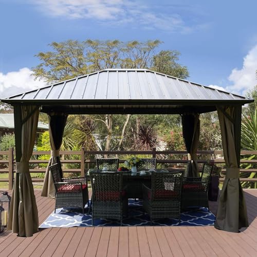 Kozyard Caesar 10'x10' Hardtop Gazebo - Permanent Metal Pavilion with Netting and Shaded Curtains for Patio, Backyard, and Deck - Galvanized Steel Outdoor Aluminum Canopy, Double Roof Gazebo (Grey)