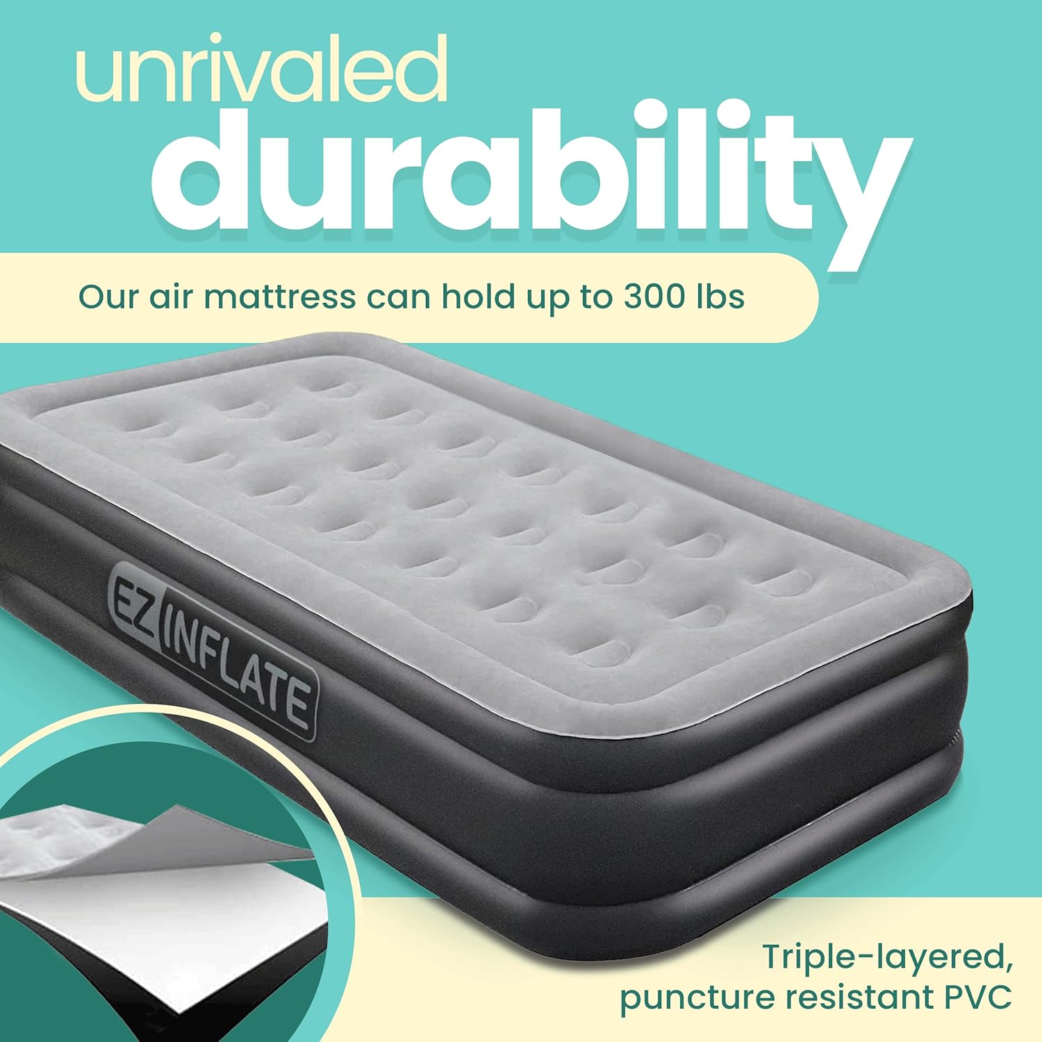 EZ Inflate Air Mattress with Built in Pump - Queen Size Double-High Inflatable Mattress with Flocked Top - Easy Inflate, Waterproof, Portable Blow Up Bed for Camping & Travel