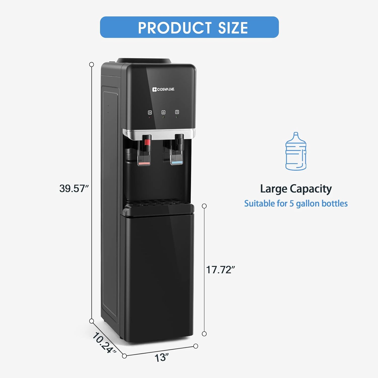 COSVALVE Water Cooler Dispenser, 5 Gallon Top Loading Hot/Cold Water Cooler,Compression Refrigeration w/Child Safety Lock,Storage Cabinet for Home Office, Apartment