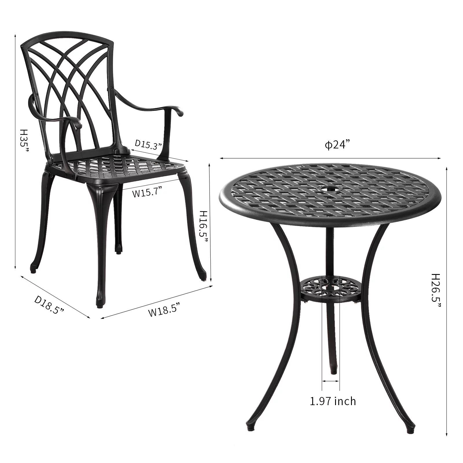 Withniture 3 Piece Patio Bistro Set Cast Aluminum Bistro Table Set Outdoor Patio Furniture with Umbrella Hole for Patio Balcony, Black