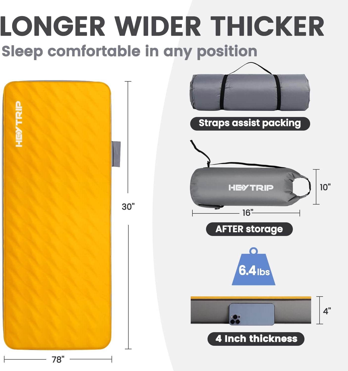 Heytrip 4 Inch Self-Inflating Foam Sleeping Pad with 9.5 R-Value, Portable Roll Up Camping Foam Mattress with Pump Sac, Perfect for Car Camping, Easy to Inflate Deflate (78'' x 30'' x 4'')