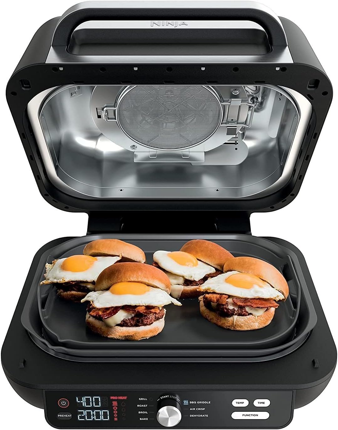 Ninja IG601 Foodi XL 7-in-1 Electric Indoor Grill Combo, use Opened or Closed, Air Fry, Dehydrate & More, Pro Power Grate, Flat Top Griddle, Crisper, Black, 4 Quarts