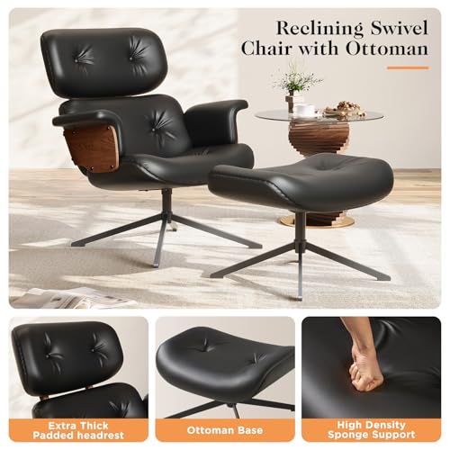 Mid Century Recliner Swivel Chair with Ottoman, Ergonomic Armchair with Comfy Cushion, Walnut Wood Base, PU Leather, Heavy Duty Support for Living Room, Black