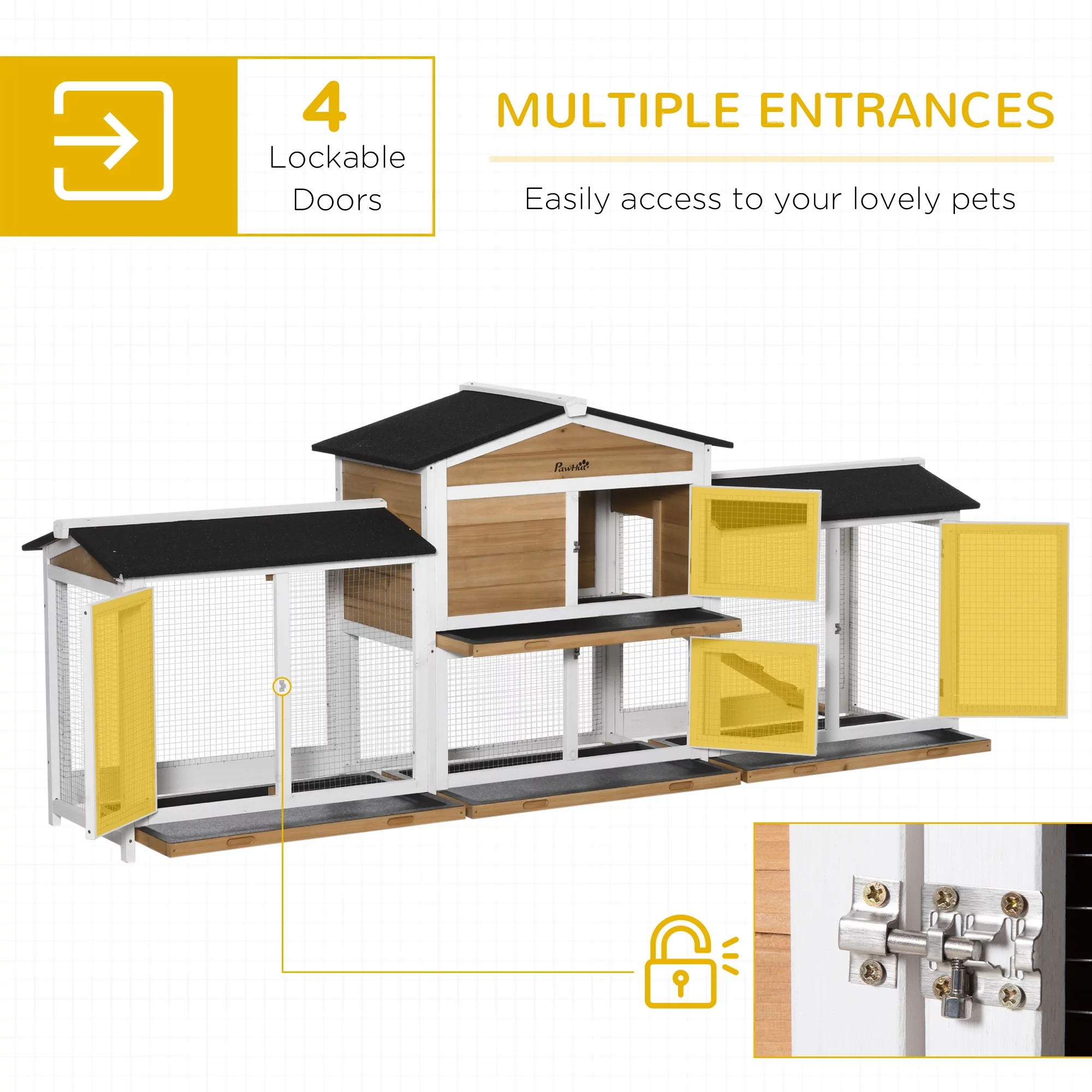 PawHut 90.5" Wooden Rabbit Hutch Bunny Cage Pet Playpen House Enclosure with Double Side Run Boxes, No Leak Tray, Ramp, for Guinea Pig and Small Animals, White - Curated Treasures Market