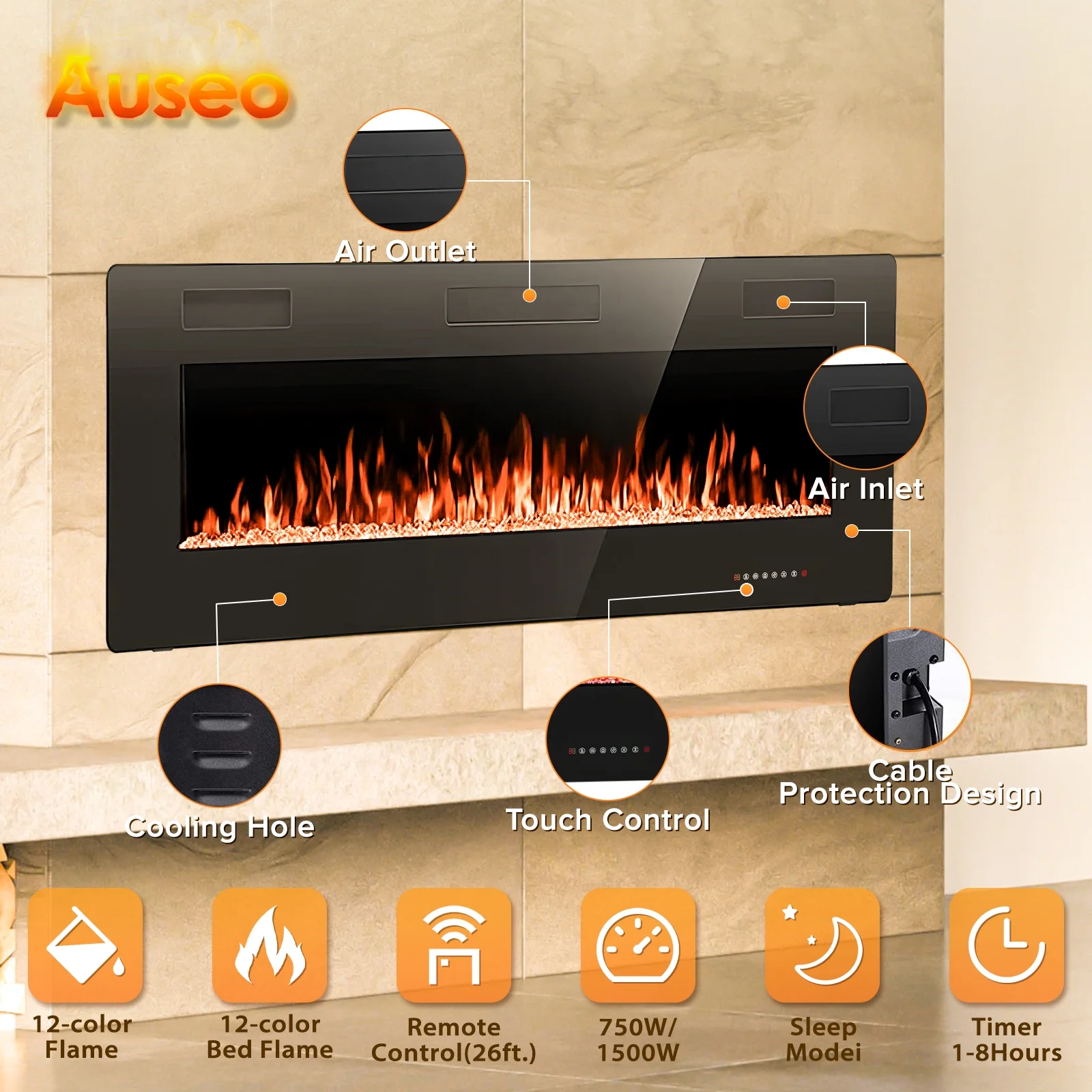 Auseo 42 inch Embedded Wall Mounted Indoor Electric Fireplace, Ultra-thin Low Noise Lightweight LED Fireplace Heater, Touch Screen, Timer, 1500W, Adjustable Flame Color and Speed, Black