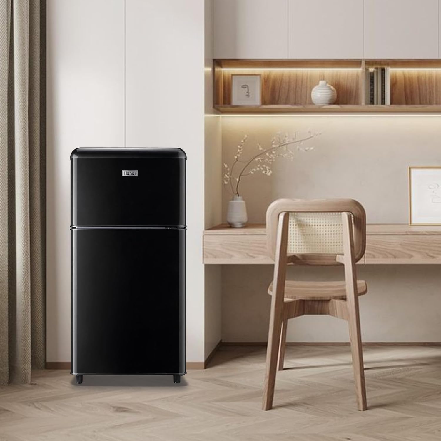 WANAI Compact Refrigerator, Retro Mini fridge with Freezer for Bedroom, Drom, Apartment, Garage, Office, 2 doors Small Refrigerator with Adjustable Thermostat, Low Noise, 3.2 Cu.Ft (Black)